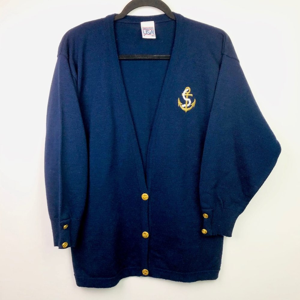 VTG Sweaters USA Cardigan M Blue Nautical Anchor